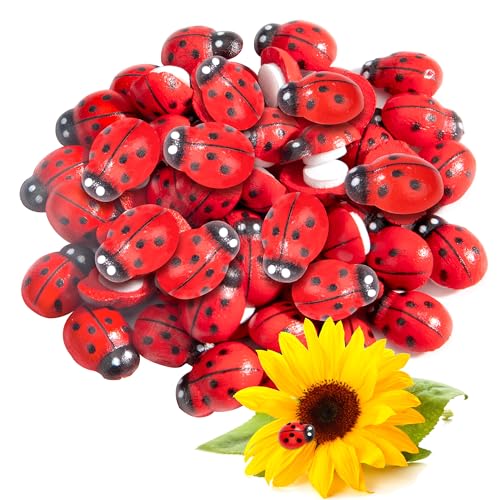 Heveer Mariquita de Madera Autoadhesivas 50 Piezas Mini Mariquitas Decorativas Adhesivos Decoración Mariquitas para Manualidades de Recortes de Bricolaje