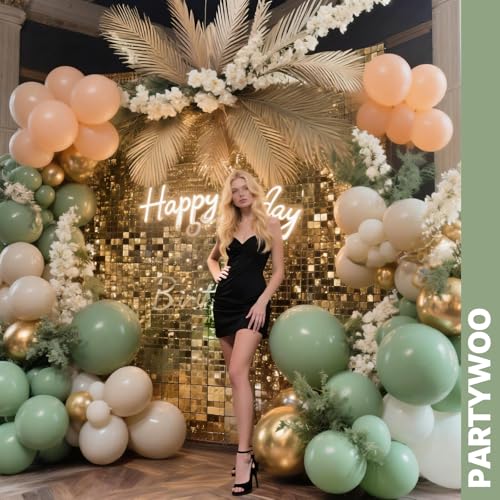 Image of PartyWoo Pink and Green Balloons 65pcs 12 Inch Metallic Gold Sand White Sage Green Nude Dusty Pink Gold Confetti Balloons for Baby Shower Wedding Engagement Princess Birthday Party Decorations