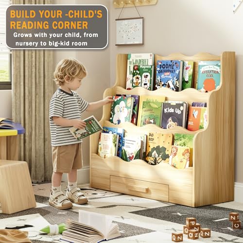 Image of 3-Tier Montessori Scalloped Kids Bookshelf, 29.6 inch Wide Natural Wood Forward Facing Bookcase for Toddlers, Children's Book Display and Organizer for Playroom, Nursery, Bedroom or Classroom