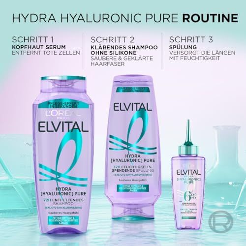 L'Oréal Paris Elvital Hydra Hyaluronic feuchtigkeitsspendendes Set für glänzendes Haar, Für einen Feuchtigkeitsboost, Glanz & Schutz, langanhaltende Pflege, Shampoo 300ml, Spülung 250ml, Serum 102ml