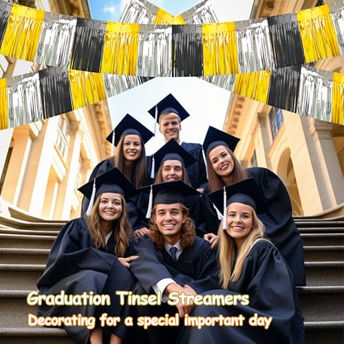 Image of 4 Packs Total 39 Ft Parade Floats for Trailer Car, Black Gold Silver Foil Fringe Garland Tinsel Streamers Banner Table Skirts for Graduation Homecoming New Year's Eve Birthday Party Decor