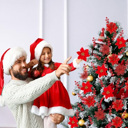 Sggvecsy-30-Pcs-3-Styles-Christmas-Glitter-Poinsettia-Flowers-Artificial-Berry-Picks-Christmas-Tree-Ornaments-Artificial-Christmas-Flowers-with-Clips-for-Xmas-Wedding-Wreath-Floral-DecorationsRed Sggvecsy 30 Pcs 3 Styles Christmas Glitter Poinsettia Flowers Artificial Berry Picks Christmas Tree Ornaments Artificial Christmas Flowers with Clips for Xmas Wedding Wreath Floral DecorationsRed