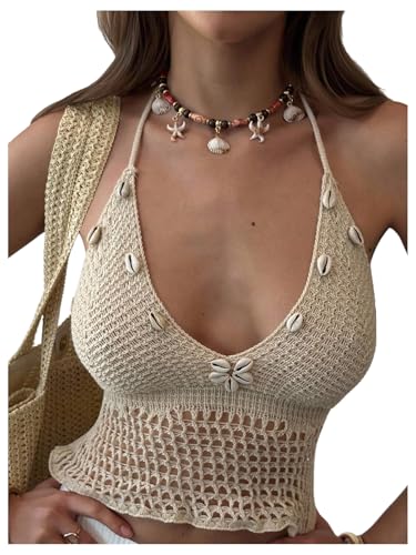 SHENHE Womens Crochet Halter Top Seashell Open Back Tie Backless Boho Beach Resort Crop Top Tank Khaki Medium