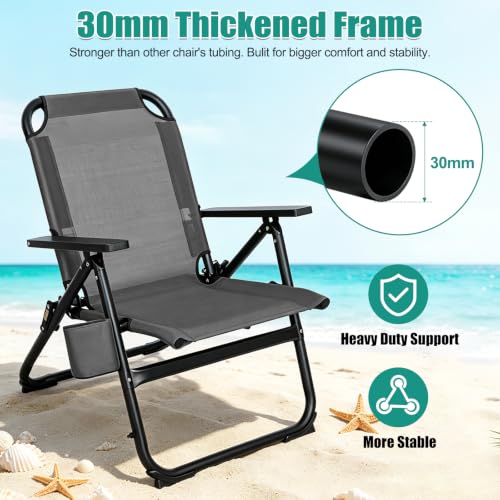 Image of Romswi Heavy Duty Folding Beach Chair with 30mm Aluminum Frame,16 inch High Seat, Lightweight for Beach, Patio & Backyard, Grey