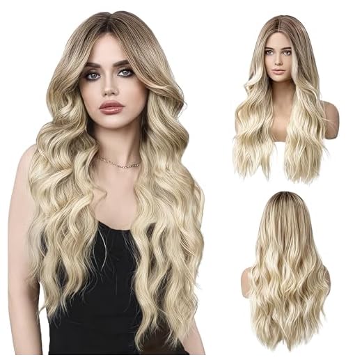 LUFFLOK Pelucas largas de color marrón degradado a rubio para mujer, pelucas rizadas de 27 pulgadas de largo, resistentes al calor, peluca natural degradada con red de peluca, pelucas de pelo
