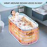 Faltbare Badewanne für Dusche, 92L x57W x 56H cm, freistehende Badewanne mit Sitz, Warmwasserdusche, Eisbad, Sauna, Massagewanne, tragbares Eisbad für Erwachsene (hellblau Ozean-Stil)