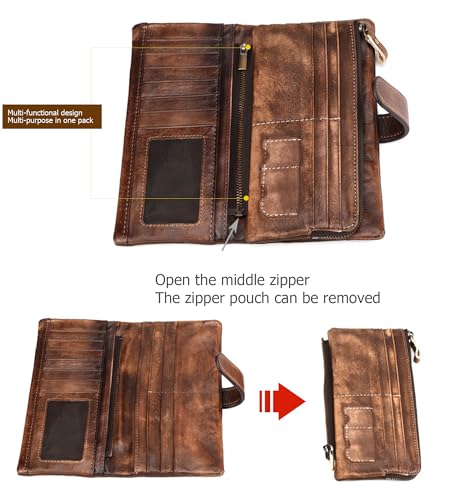 KingTo Genuine Leather Long Wallet for Women Vintage Checkbook Wallets with RFID Blocking Card Holder (Coffee color)2