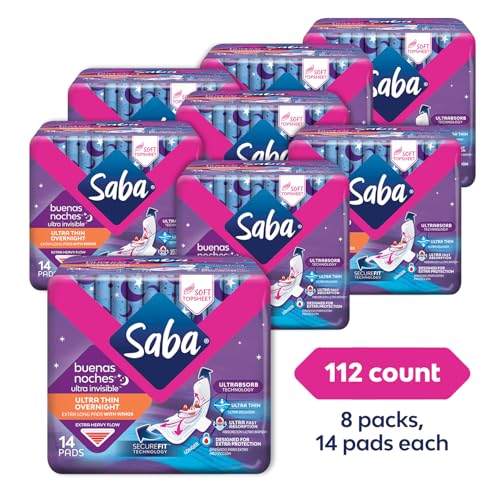 Image of SABA Ultra Invisible Ultra Thin Overnight Pads with Wings, Overnight Heavy Absorbency, 8-Pack of 14 Pads (112 Count)