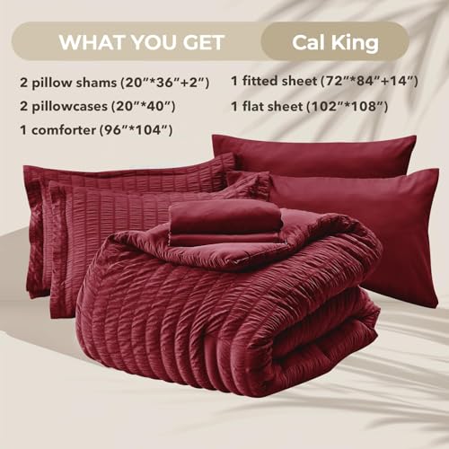 Image of HYMOKEGE Burgundy California King Comforter Set Seersucker 7 Pieces, All Season Luxury Bed in a Bag for Bedroom, Bedding Set with Comforters, Sheets, Pillowcases & Shams