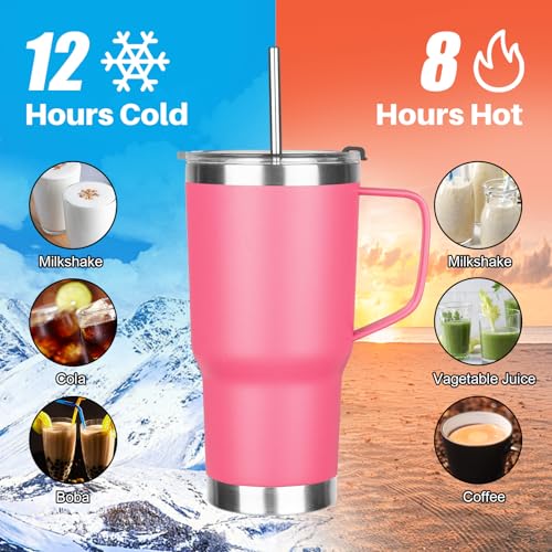 Image of 20 oz Tumbler with Handle, Stainless Steel Insulated Tumbler with Lid and Straw, Double Wall Vacuum Coffee Mug Tumbler, Insulated Coffee Thermal Cup for Cold and Hot (Rose Red, 20 Ounces)