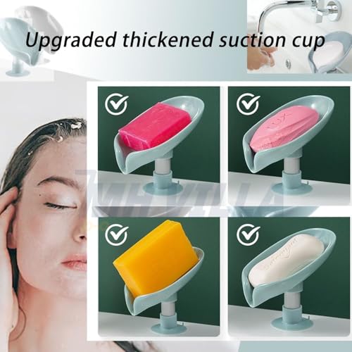 Image of Self Draining Soap Holder with Suction Base - Pack of 2 (Multi-Color) | Waterproof Leaf Shape Soap Dish Stand for Bathroom & Kitchen
