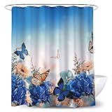 Heavy Duty Waterproof Fabric Bathroom Shower Curtain Bath Curtain Weighted 100 Percent Polyester, Machine Washable, 72 x 72 Inches (Blue Butterfly)