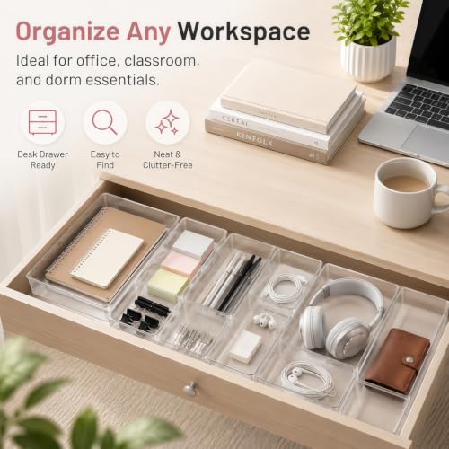 Image of 8 Pack Large Clear Plastic Drawer Organizer Bins - Acrylic Bathroom Drawer Organizer Trays - Heavy Duty Kitchen Drawer Dividers for Utensils - Non-Slip Storage Bins for Makeup, Bedroom, Office Desk