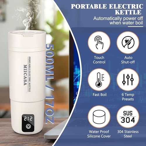 Travel Electric Kettle,Dual Voltage Miicasa Portable Water Boiler with 6 Temperature Preset and Auto Shut-Off Boil Dry