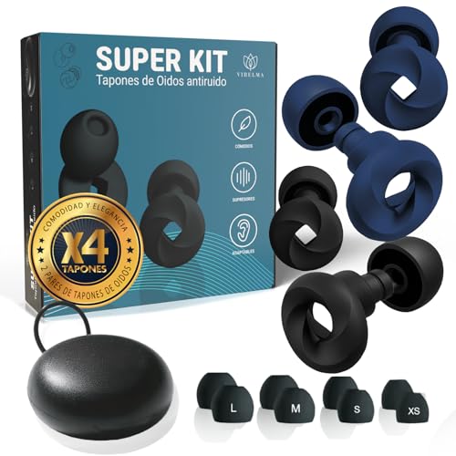 VIRELMA® Tapones Oidos Ruido Dormir | SUPER KIT con 2 Pares + Almohadillas XS/S/M/L | Tapones Antirruido Cómodos y Reutilizables para Dormir Mejor, Viajar y Relajarte | Ear Plugs Silicona