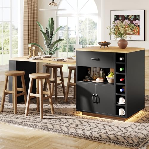 Îlot de Cuisine avec Bande LED – Meuble de Cuisine 80 x 70 x 95,5 cm avec Table Extensible,...