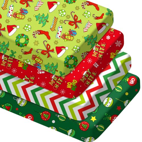 Image of Vitalcozy 4 Pcs Green Christmas Crib Sheet for Standard Nursery Decor