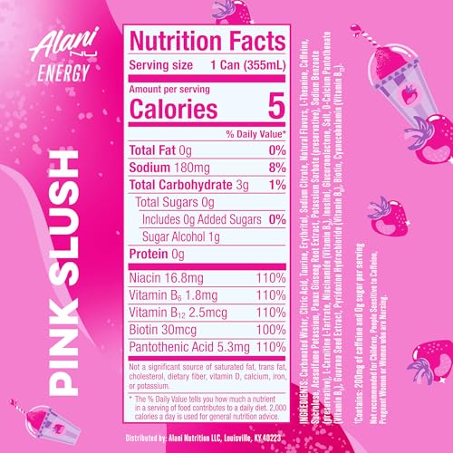 Image of Alani Nu PINK SLUSH, Sugar Free, Low Calorie Energy Drinks, 200mg Caffeine, Biotin, B Vitamins, Zero Sugar, 10 Calories, 12 Fl Oz Cans, 12 Pack
