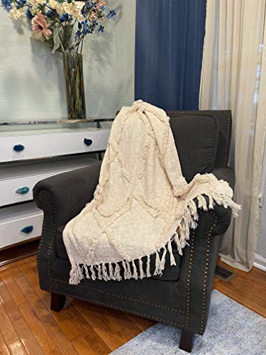 Lr Home Soft Luxury Handmade Boho Farmhouse Diamond Throw Blanket With Fringe, 50" X 60", Natural #TOP3
