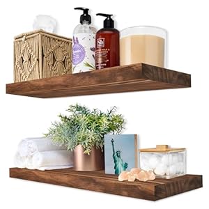 Sorbus Wood Floating Shelves for Wall – 16” Solid Wood Wall Shelves for Bathroom Decor, Books, Bedroom & Living Room – Set of 2 Walnut Wall Mounted Kitchen Shelves – Durable Solid Pine