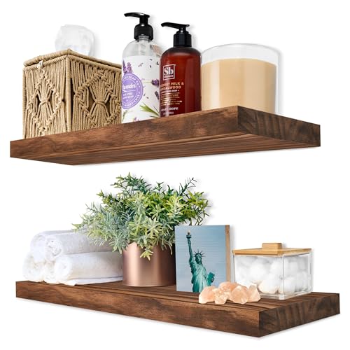 Sorbus Wood Floating Shelves for Wall – 16” Solid Wood Wall Shelves for Bathroom Decor, Books, Bedroom & Living Room – Set of 2 Walnut Wall Mounted Kitchen Shelves – Durable Solid Pine