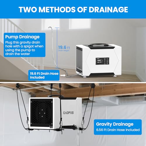 Image of CADPXS 80 Pints Crawl Space /Commercial Dehumidifier with Pump & Drain Hose | Compact, Auto Defrost, Memory Restart, Timer, 5 Years Limited Warranty, for Water Restoration & Basements, Up to 1200 Sq Ft