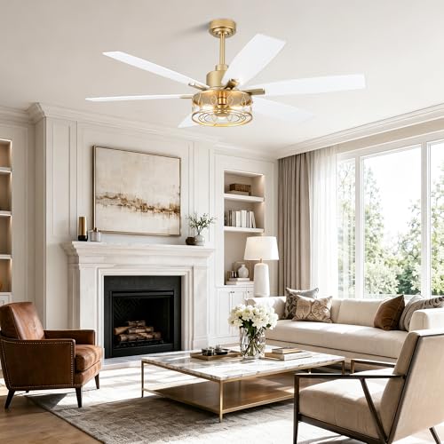 Image of Dawn Whisper 60 Inch Ceiling Fans with Lights White and Gold Farmhouse Ceiling Fan for Bedroom Living Room Quiet and Reversible DC Motor Caged Chandelier Fan