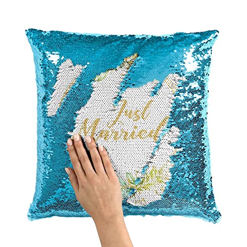 Coussin Sequin Turquoise Just Married pour Décoration de Mariage
