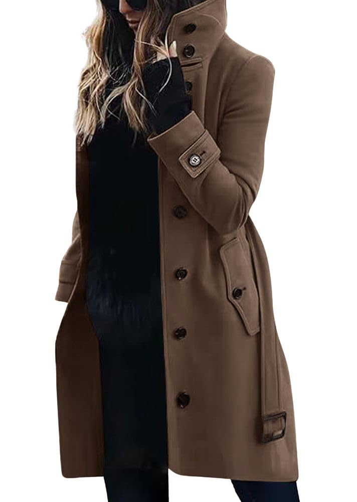 Women's Single Breasted Stand Collar Wool Coat Business Casual Midi Long Winter Pea Coat-image-36