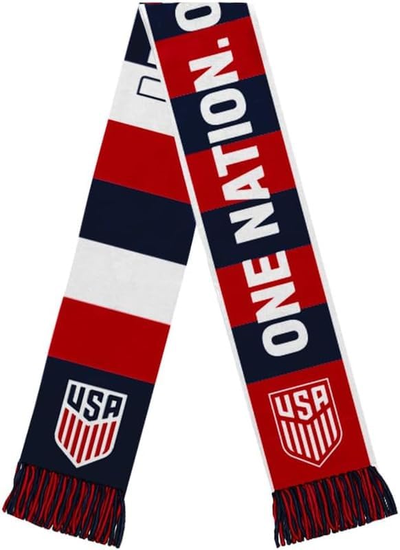 Icon Sports Officially Licensed USA Soccer Supporter Scarf – “One Nation” Red, White & Blue Knit Fan Scarf with USA Crest