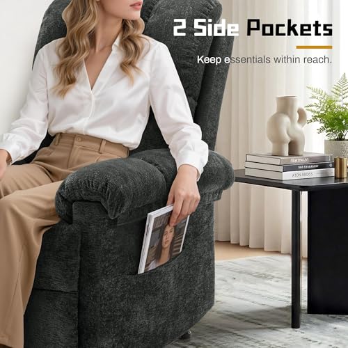 Image of Korser Recliner Chair, Living Room Recliner Chairs for Adults, Small Recliners for Small Spaces, Upholstered Manual Recliner with Side Pockets, Comfy Nursery Chair for Living Room, Chenille, Black