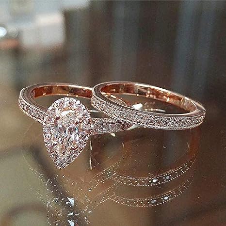 HUUGVBCO Stackable 14K Gold/Rose Gold/Solitaire Pear-Shaped Engagement Ring for Women, Elegant Gold ICY Silver Plated Promise Ring for High-end Parties 6