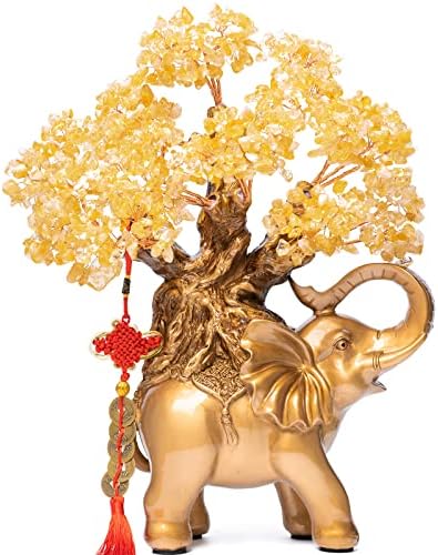 Citrine Crystal Money Tree on Gold Elephant Statue, 17”Large Crystal Elephant Lucky Figurines Home Décor Gifts for Wealth Positive Energy, Tree of Life Feng Shui Sculpture, Desk Décor by GEMBOURY