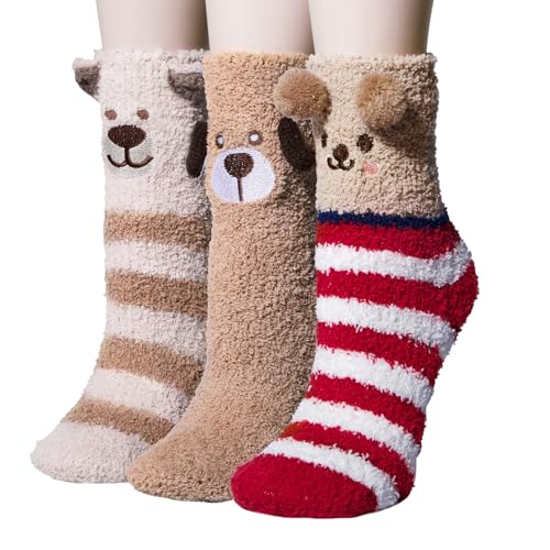 Loritta 3 Pairs Womens Fuzzy Socks Winter Warm Fluffy Soft Slipper Home Sleeping Cute Animal Socks,N-Bear+Dog+Groundhog