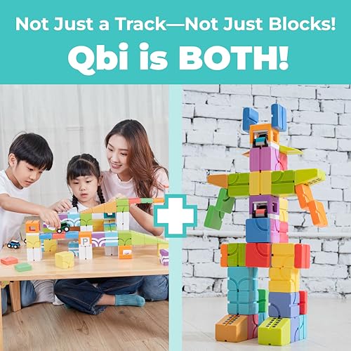 Image of QBI Magnetic Blocks Car Track Set, STEM Building Toys Kids Ages 4-8, 2 Cars