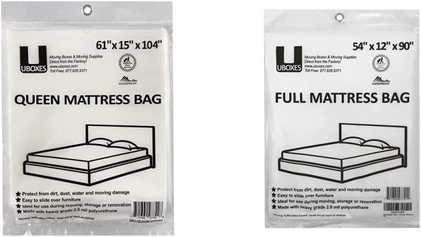 uBoxes Queen Mattress Clear Plastic Poly Covers (61 x 15 x 104 inch) and Moving Supplies Full Size Mattress Bag (54 x 12 x 90 inch)