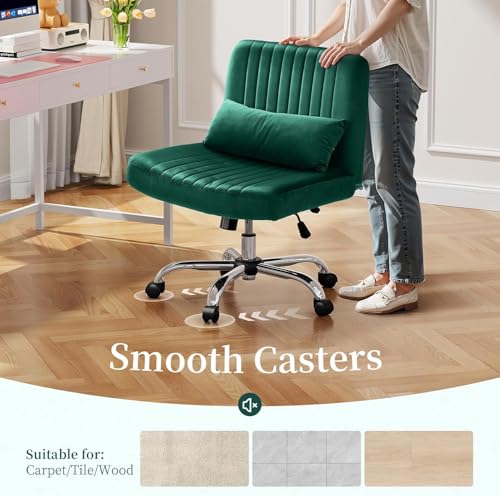 Image of Velvet Criss Cross Desk Chair with Wheels, Luxury Cross Legged Office Office, Swivel Wide Seat Vanity Chair, Armless Adjustable Height Gaming Chair Gift, Dusty (2, Green)