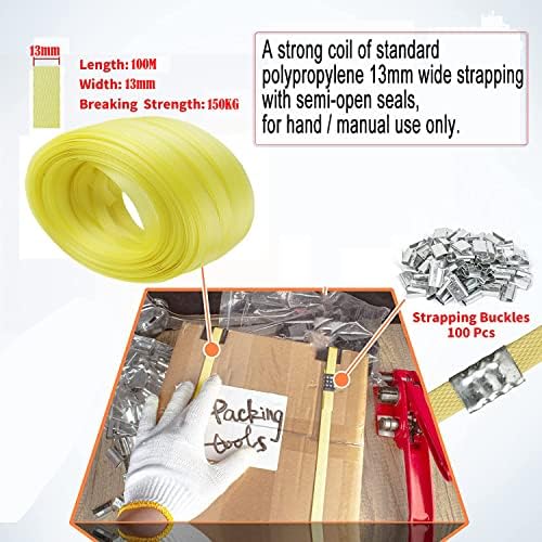 13mm Wide Yellow Plastic Hand Pallet Strapping Banding 100 Metres with 100pcs Metal Seals, Polypropylene Polyprop Strap Kit