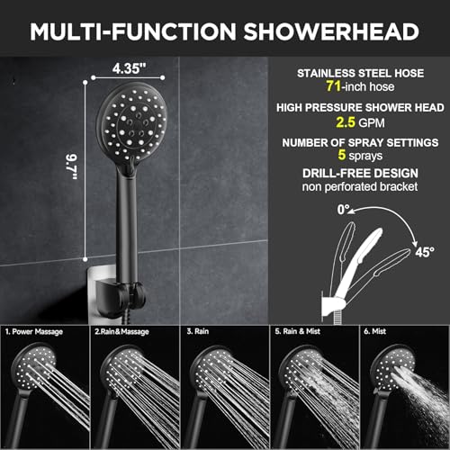 Image of Veken 11.8 inch Rain Shower Head with Handheld, High Pressure Handheld Shower Heads with Multi Spray Modes, Rainfall Combo with 15 inch Metal Extension Arm,Detachable Dual Shower, Long 6 ft. Hose,Matte Black