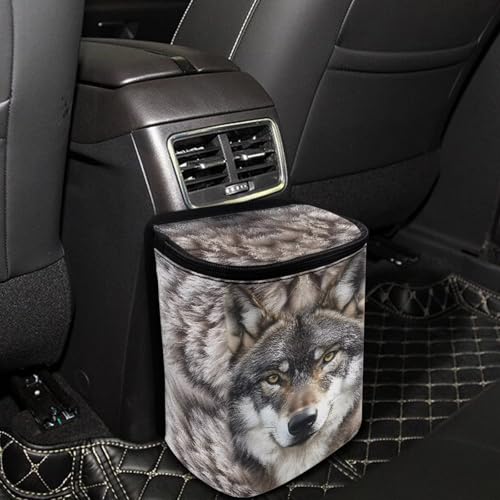Image of Talayituse Wolf Print Car Trash Can with Lid, Leak Proof Auto Trash Bag Hanging Vehicle Garbage Can Multipurpose Storage Container for Back Seat Road Trip