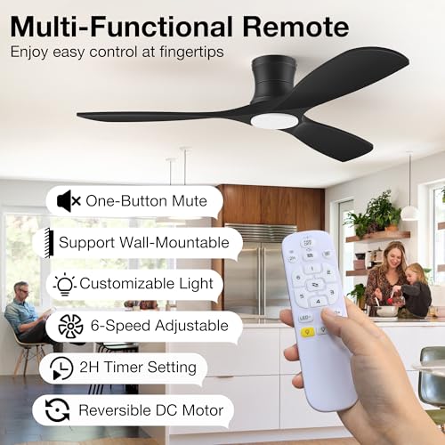 Image of 52In Low Profile Ceiling Fans with Lights,Flush Mount,Black,Outdoor Indoor | Wood,Quiet DC Motor,Hugger LED Remote Control Ceiling Fan for Modern Patio Bedroom Living Room,Dimmable,High CFM,3 Blade