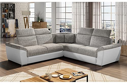 VENESETTI Canapé d'angle - Convertible - Felipe - en Tissu Beige et Simili Cuir Blanc, 5/6 Places