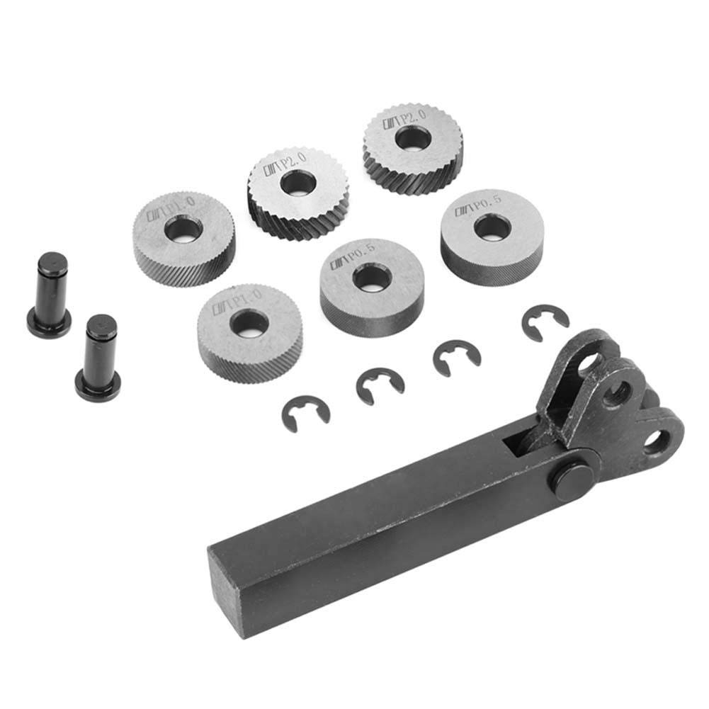 Lot de 7 outils de moletage en acier noir 0,5/1/2 mm diagonale double roue linéaire pour machine d'usinage motif de