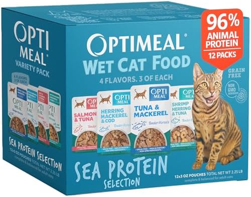 Optimeal Wet Cat Food Variety Pack - Sea Protein Selection, Grain Free Tender Morsels, High Protein Premium Nutrition Made with Natural European Ingredients, Adult Cat Pouches 3oz (Pack of 12)
