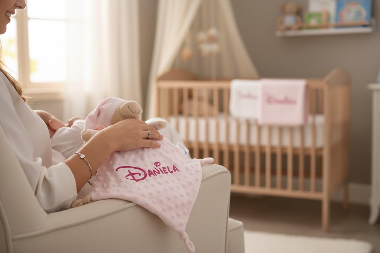 Danielstore | Dou Dou Manta de Apego Bebé 28x17 cm Rosa | Poliéster, Tacto Suave, Agradable para la Piel | Personalizable con Nombre | para recién Nacido, Baby Shower