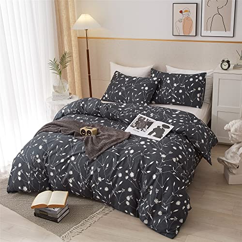 Pinkmemory Queen Duvet Cover Floral Cotton Bedding Set Gray Flowers Branches Printing Bedding Duvet Cover Set-Soft Breathable Zipper Closure-Without Comforter Insert #TOP1