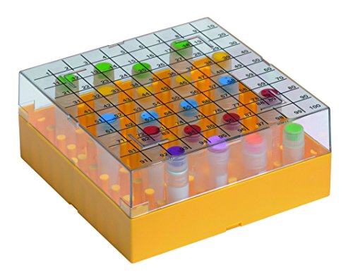 Camlab. Plásticos RTP/73211P. Caja de almacenamiento, 100 plazas, base/inserto y tapa impresa, policarbonato, amarillo (Pack de 5) Cover