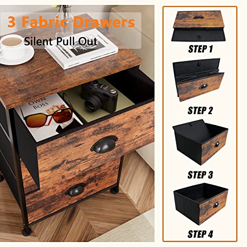 Furologee Set Of 2 Nightstand With 3 Fabric Drawers, Tall End Table, Bedside Table For Storage, Small Dresser For Bedroom, Wooden Top For Living Room/Bedroom/Closet, Rustic Brown #TOP5