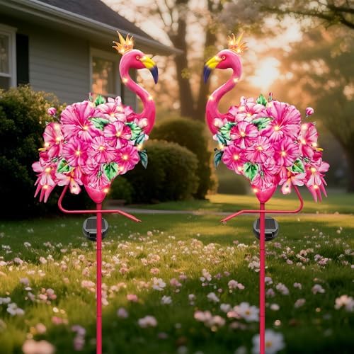 Hexagram Flamingo Yard Decor, Flamingo Solar Lights Outdoor with 2 Pack, Pink Metal Garden Solar Stake Lights, Outside Stakes Decorations for Patio Pathway Lawn