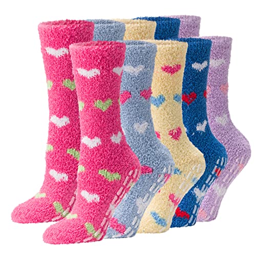 Debra Weitzner Fuzzy Socks for Women Non-Slip Warm Cozy Socks Fluffy Fleece Slipper Socks With Grips 5/6 Pairs